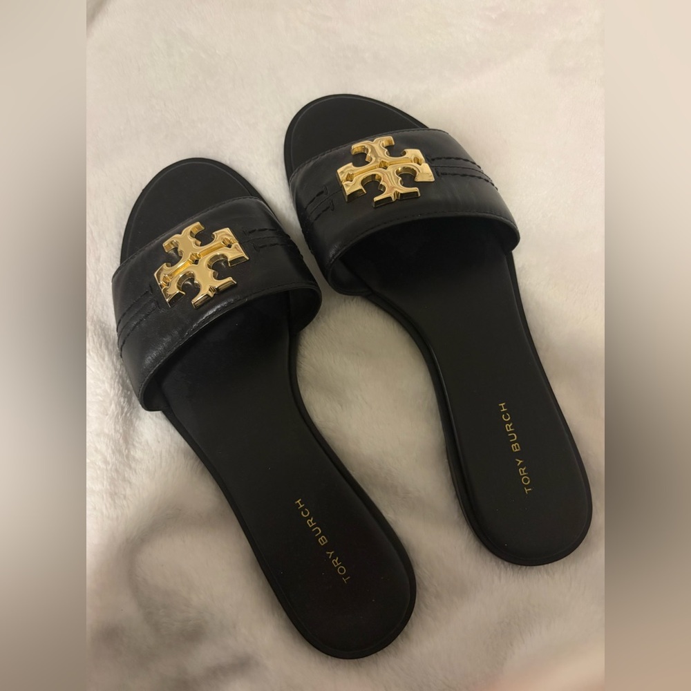 Tory Burch Black Slides with Gold Logo